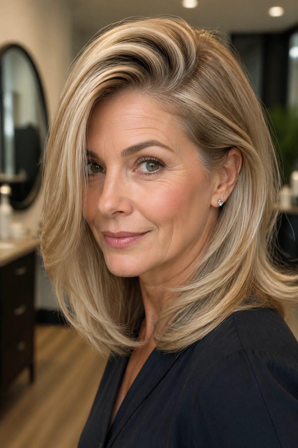 Close-up of a real woman with a deep side-part blowout in a chic room