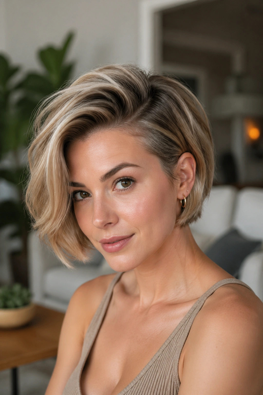 Portrait of a real woman with deep side-part bixie and root lift
