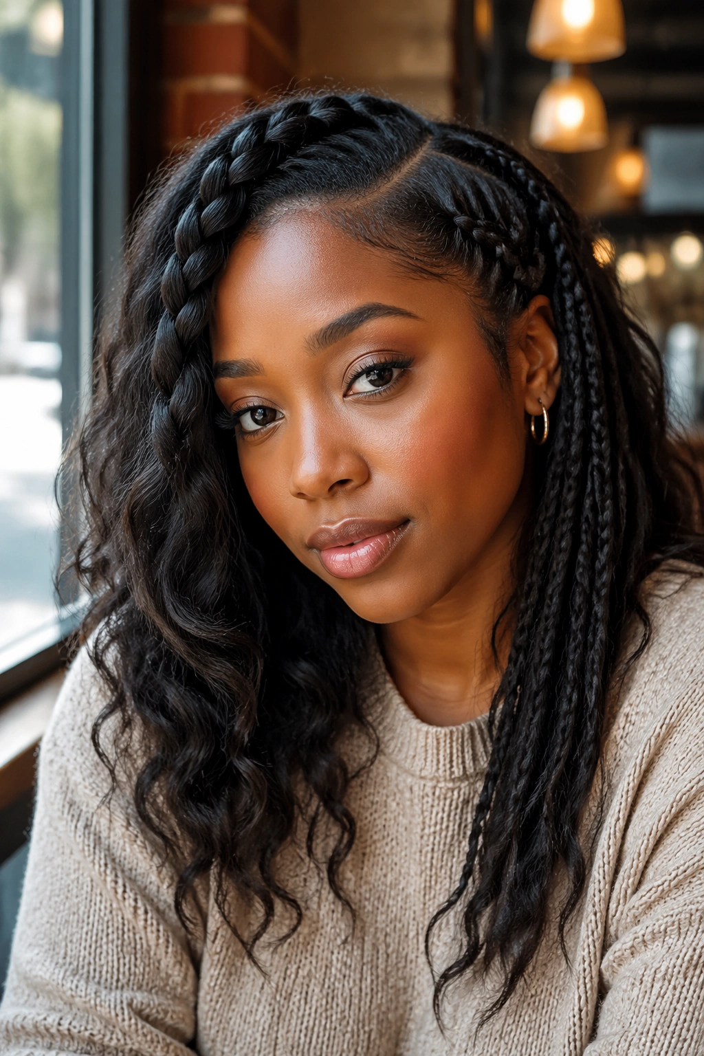 Real woman with a deep side-part and French braid on the heavier side
