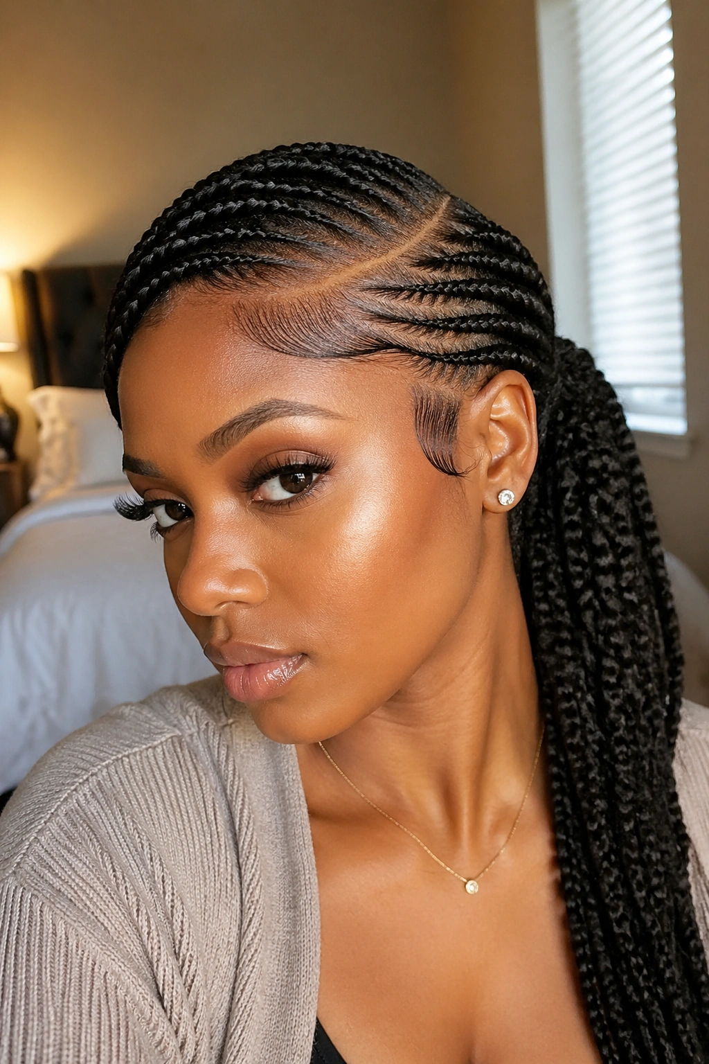 Close-up of a woman with a deep side part braid ponytail under warm window light