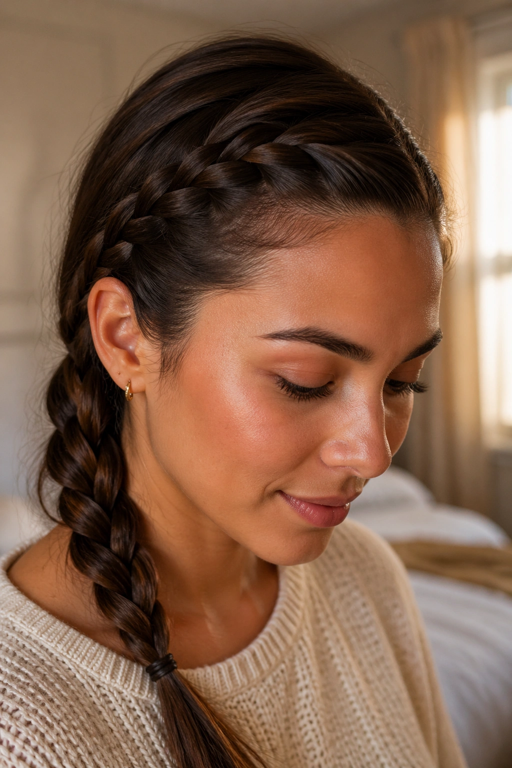 Close-up of a real woman with a deep side-part braid along the hairline