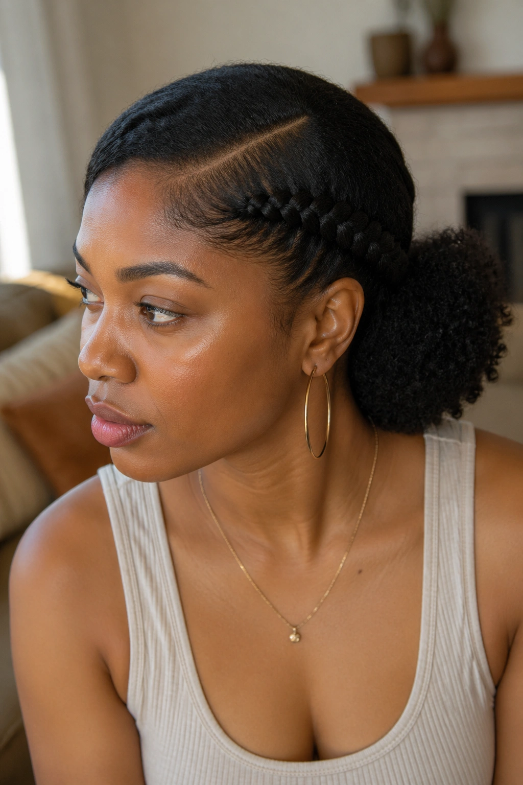 Close-up of a real woman with a deep side part braid and low nape puff