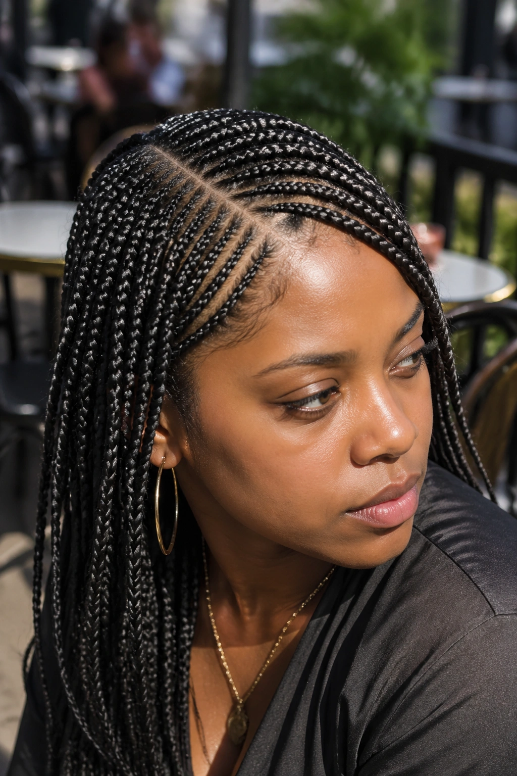 Close-up of a real woman with a deep side-part braided hairstyle against an outdoor cafe backdrop