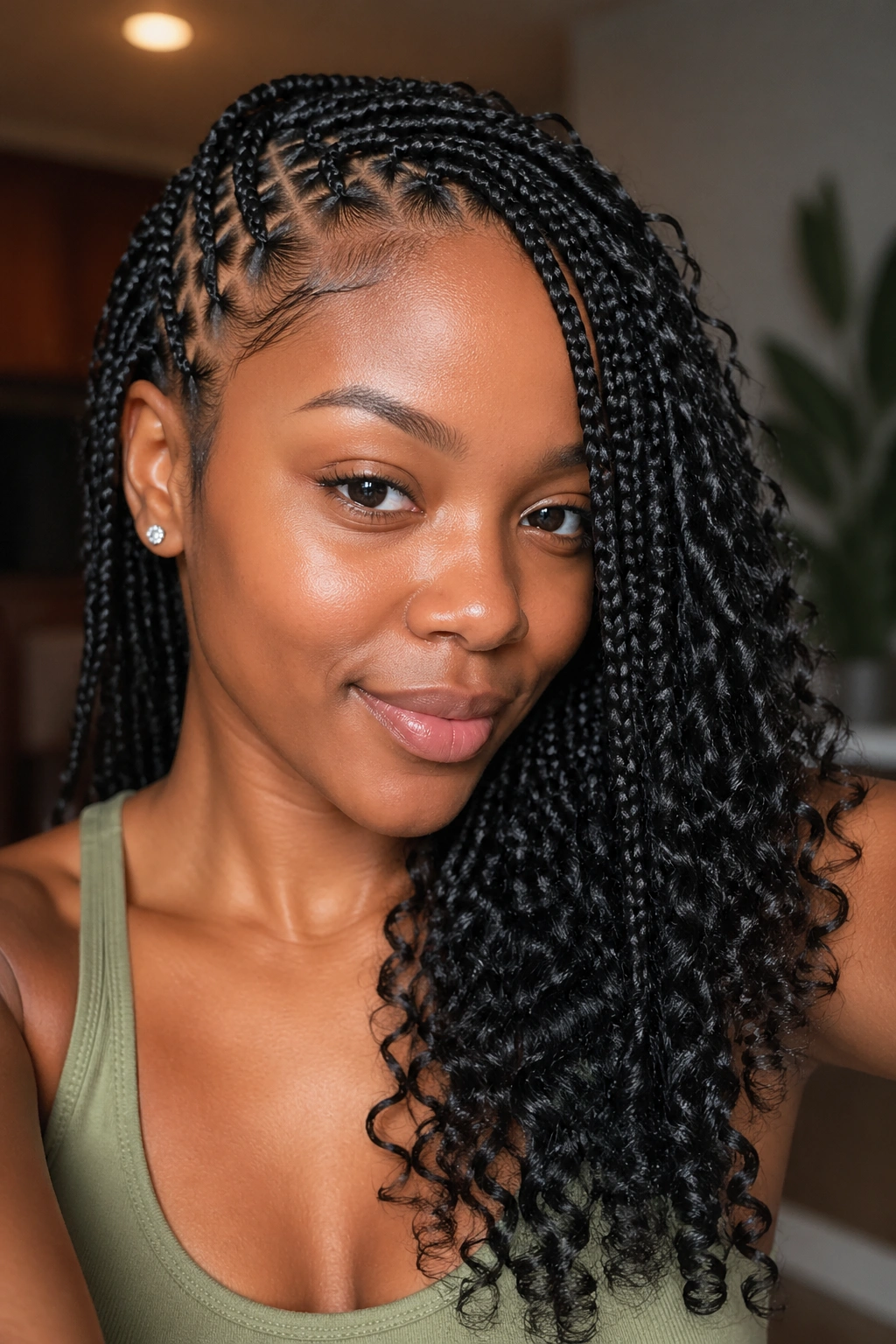 Real woman with a deep side part knotless braids and curly ends
