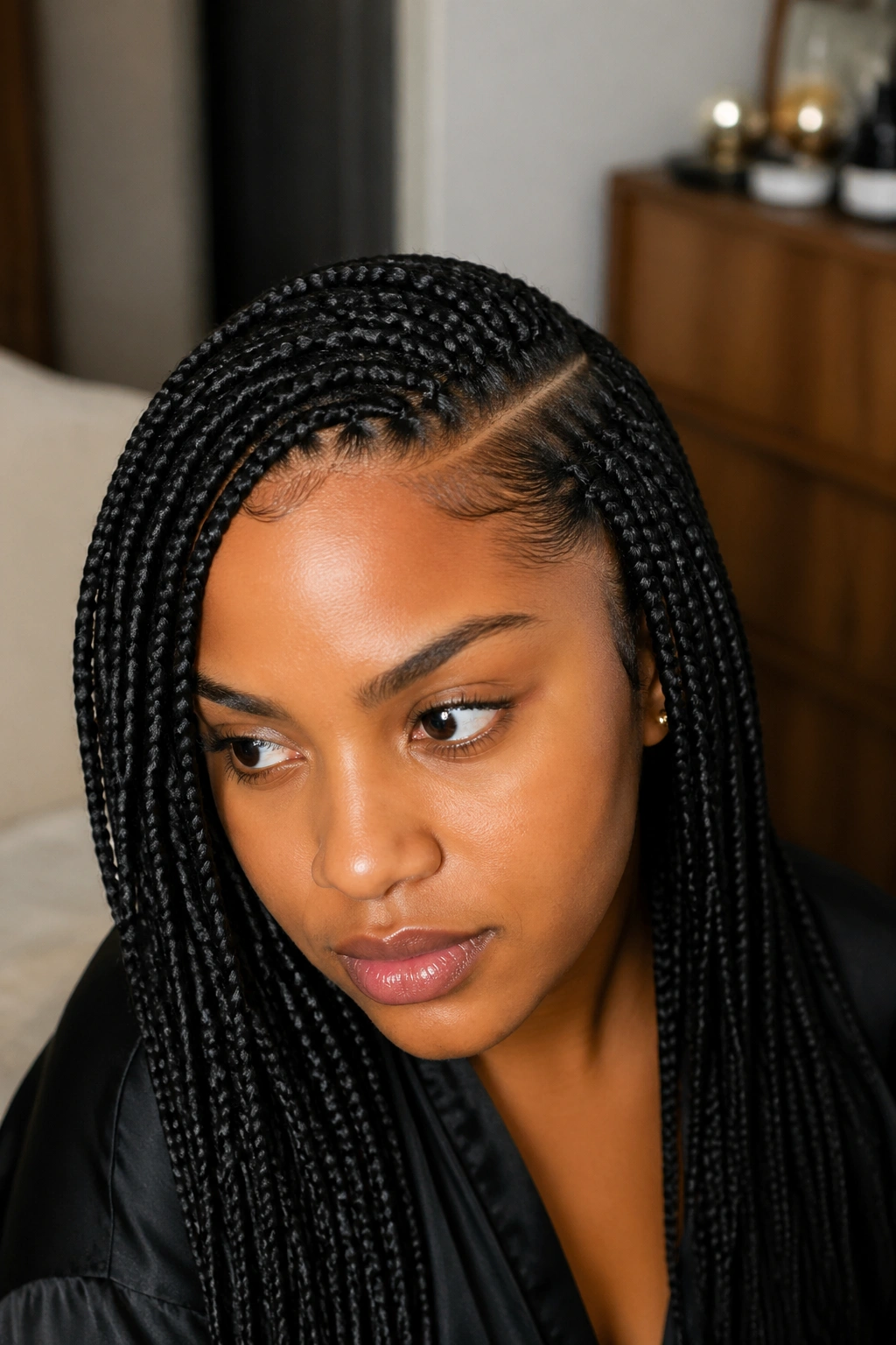 Portrait of a person with a deep side part and braids framing the face