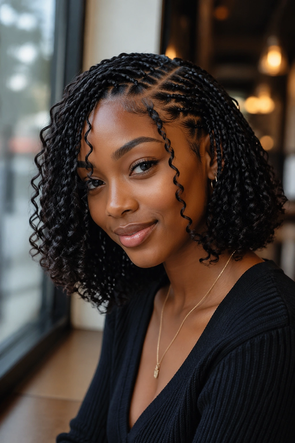 Close-up of deep side part with face-framing curls on a real woman