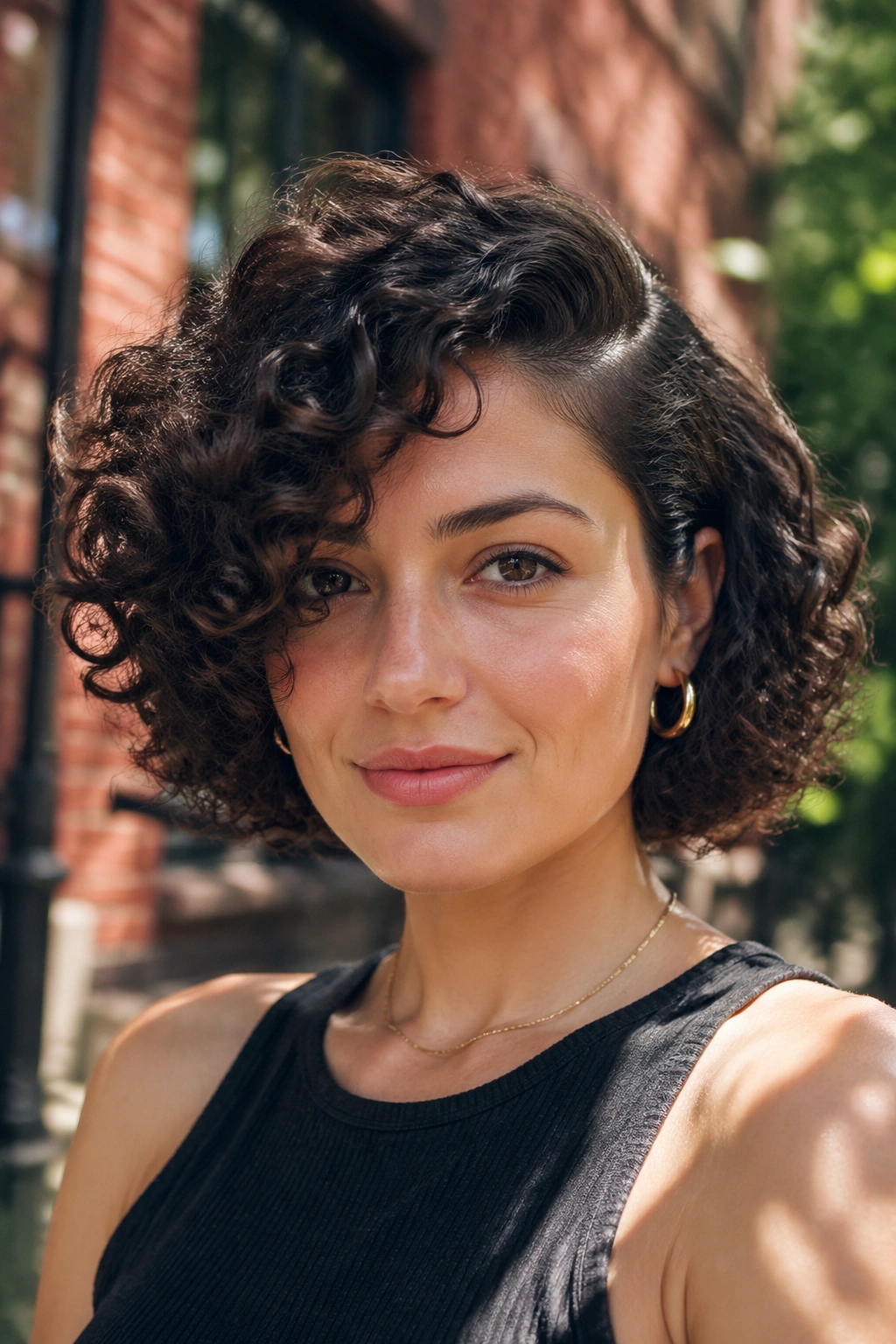 Portrait of a woman with a deep side-part curly bob outdoors