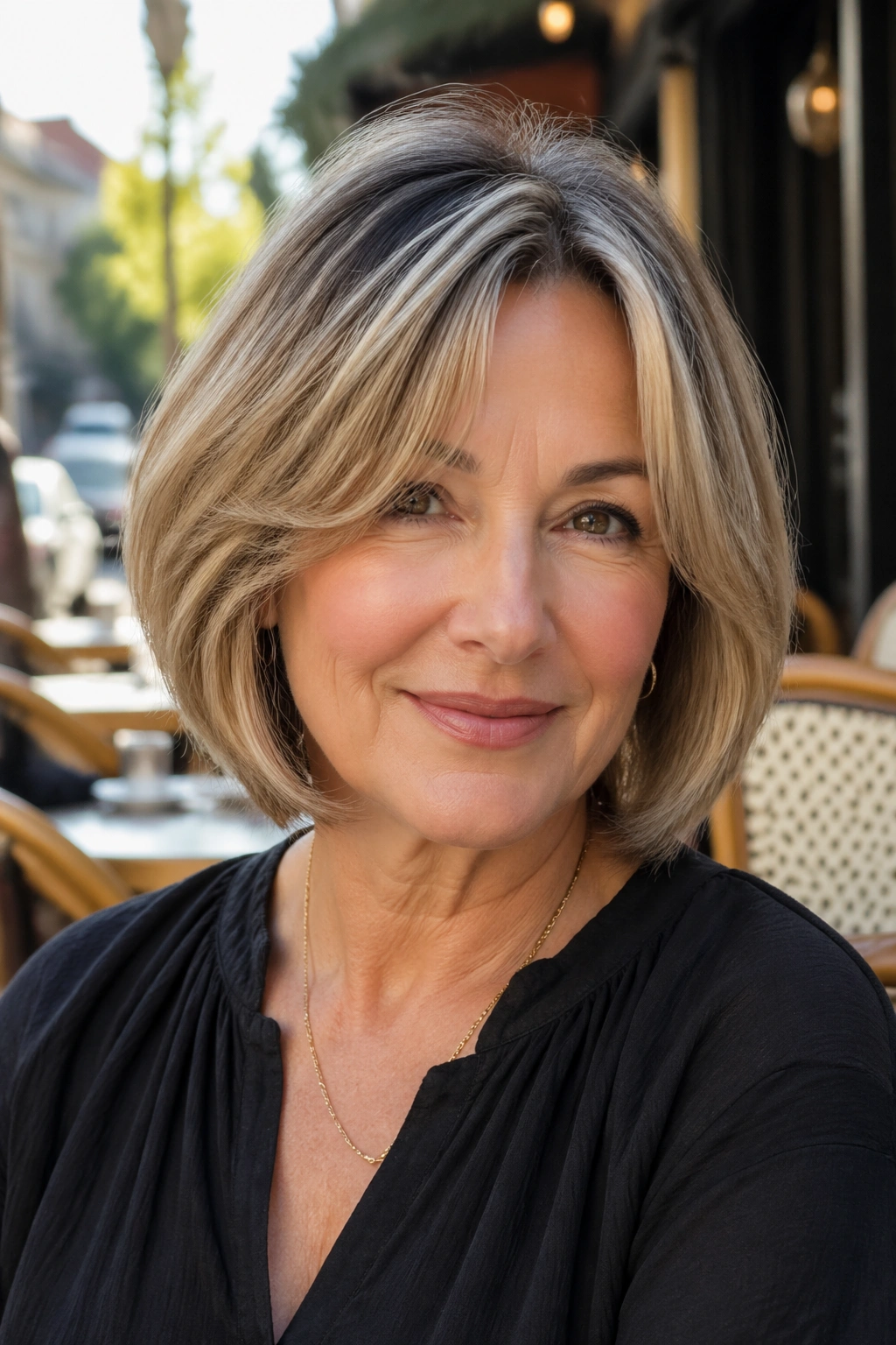 Portrait of a real woman with a deep side-part bob and curtain bangs