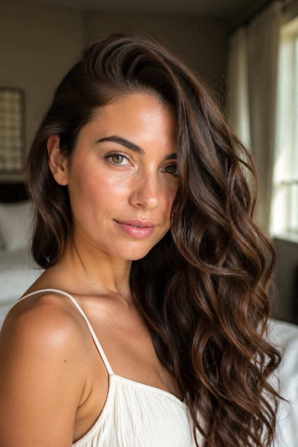 Close-up of a woman with a deep side part and glossy waves cascading over one shoulder