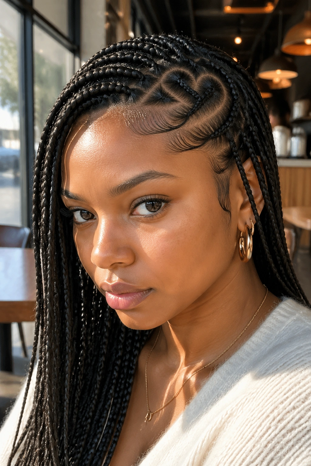 Close-up of a real woman's deep side-part heart braids sweeping across the hairline