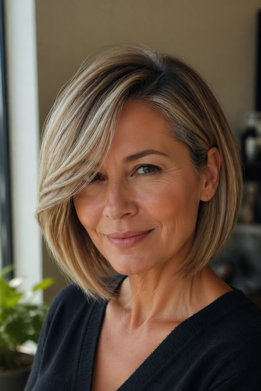 Close-up portrait of a real woman with a deep side-part lob and side-swept bangs in window light