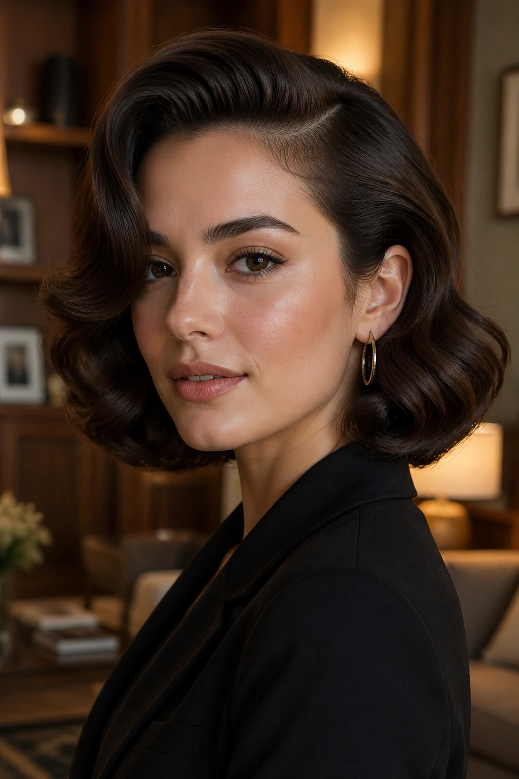 Portrait of a real person with deep side part and Old Hollywood wave under warm light