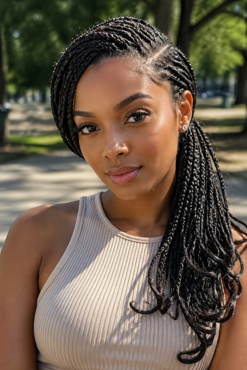 Real woman with a deep side-part ponytail and a soft flip
