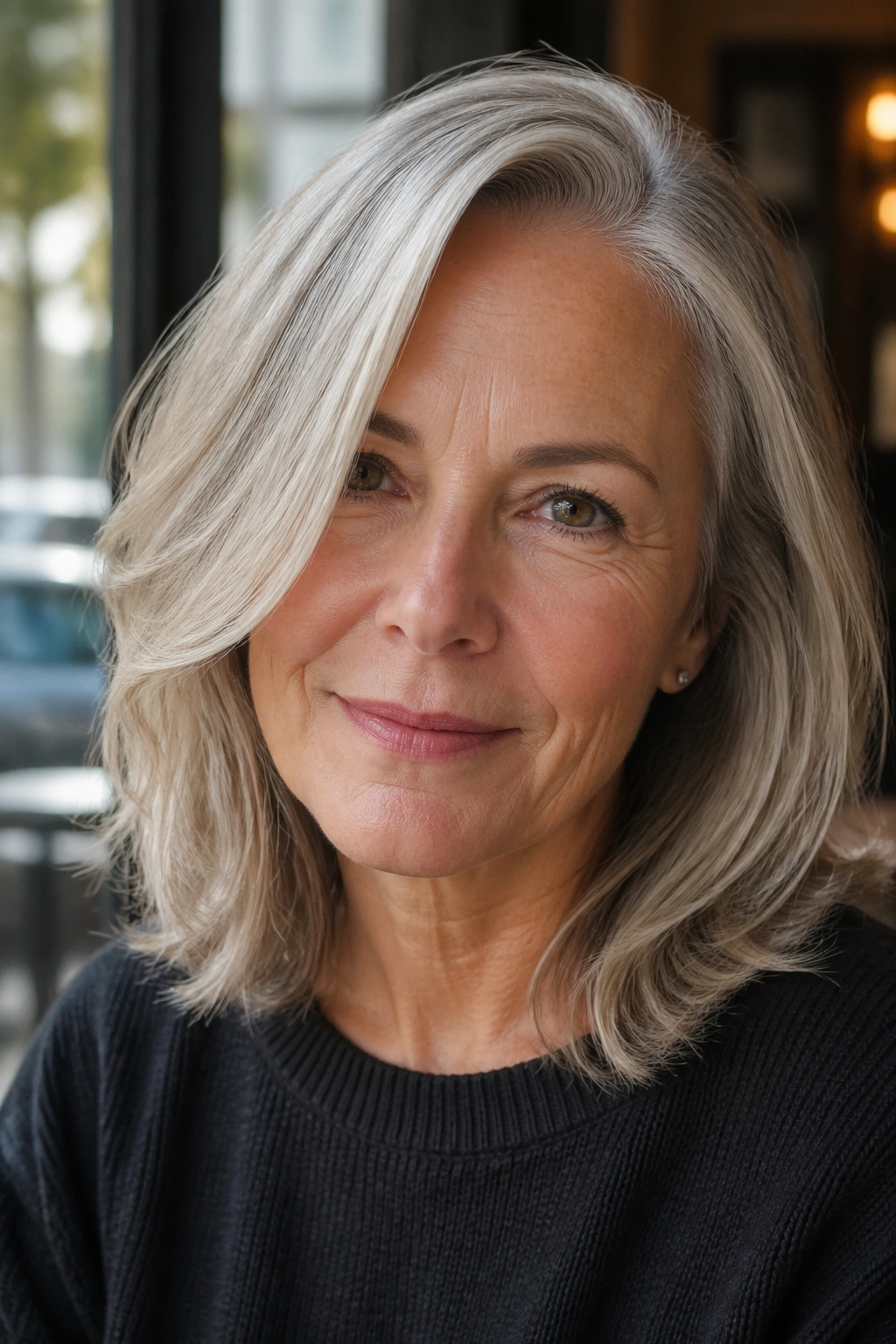 Real woman with deep side part shoulder-length haircut