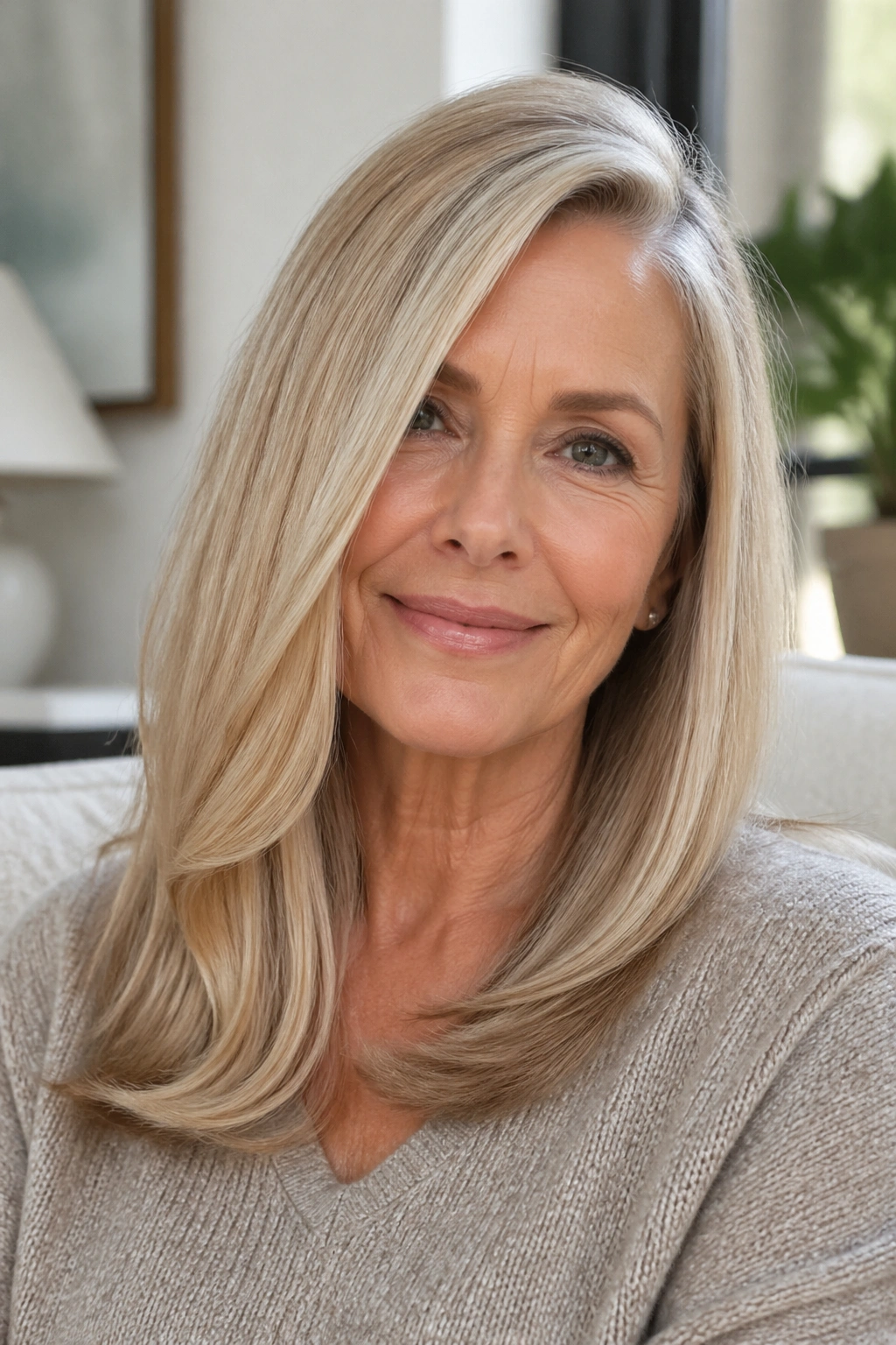 Close-up of a woman with a deep side part and sleek, curved ends