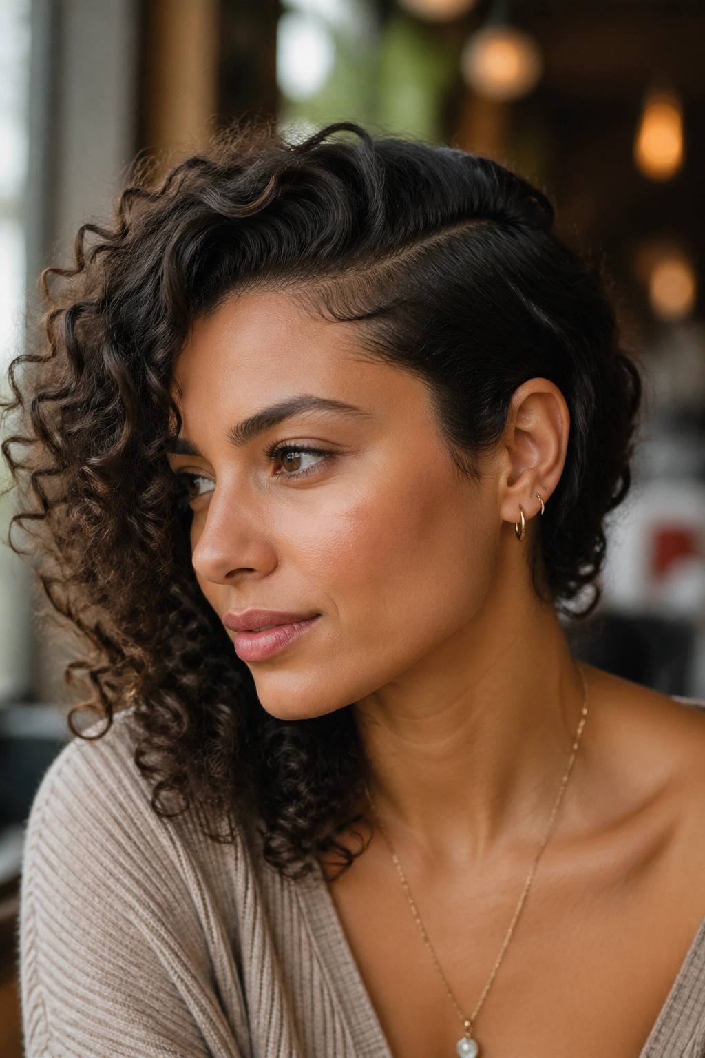 Close-up of a real woman with a deep side part and tucked side behind the ear