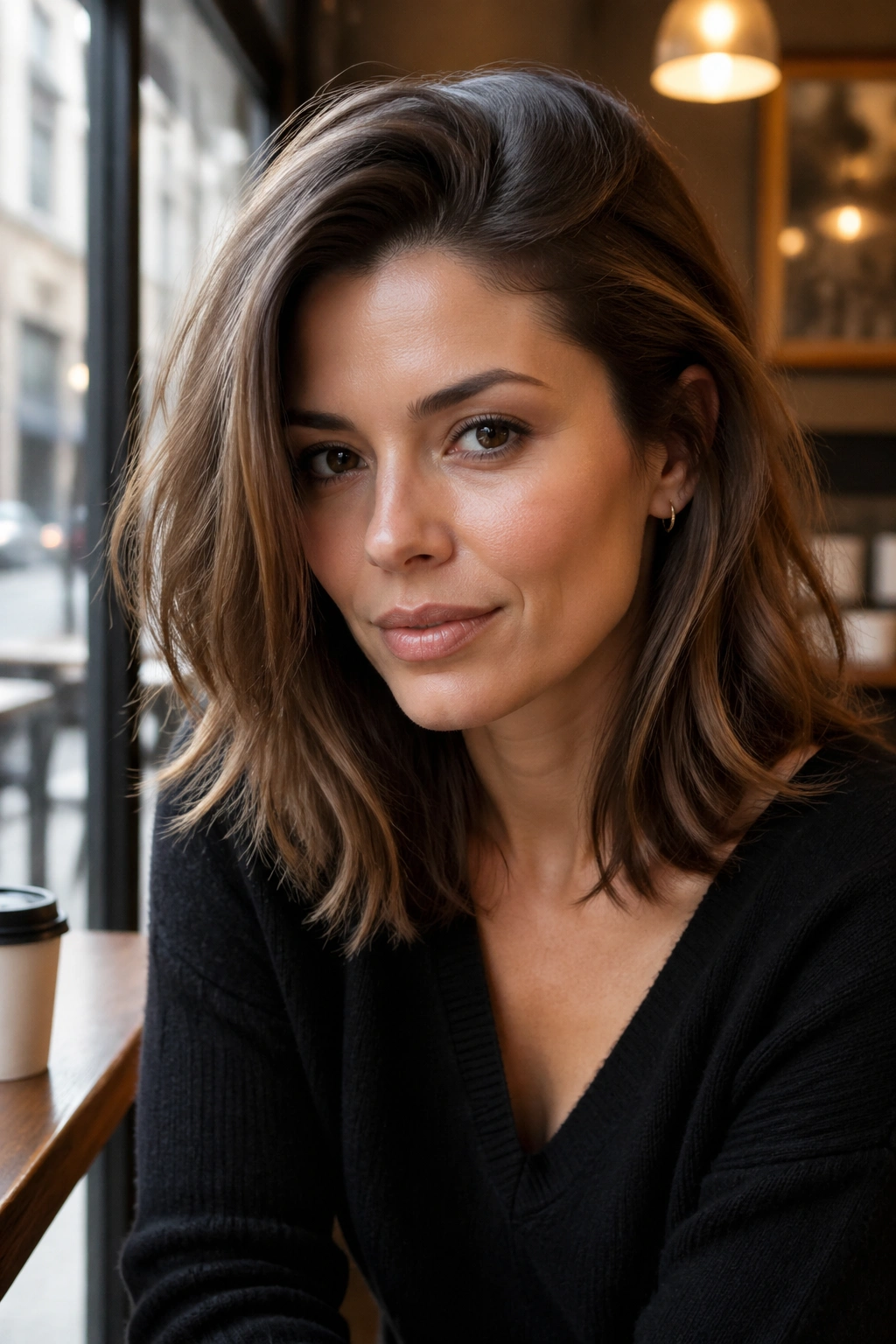 Close-up portrait of a real woman with a deep side part and crown volume