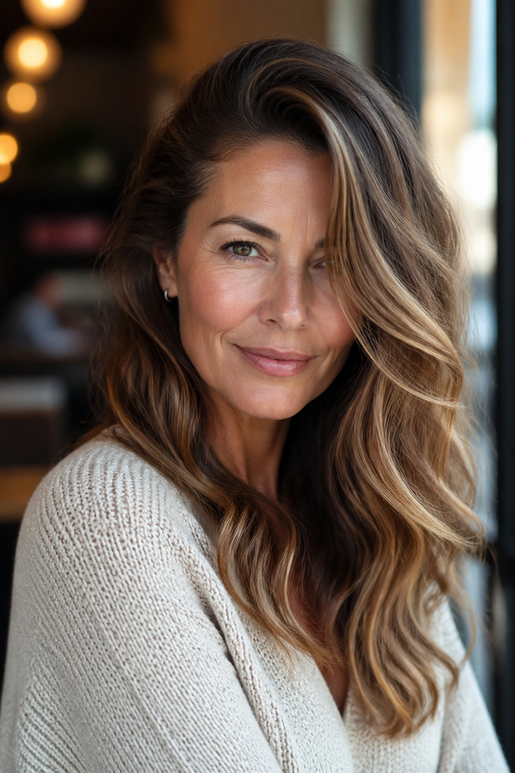 Real woman with deep side-part waves in warm cafe light