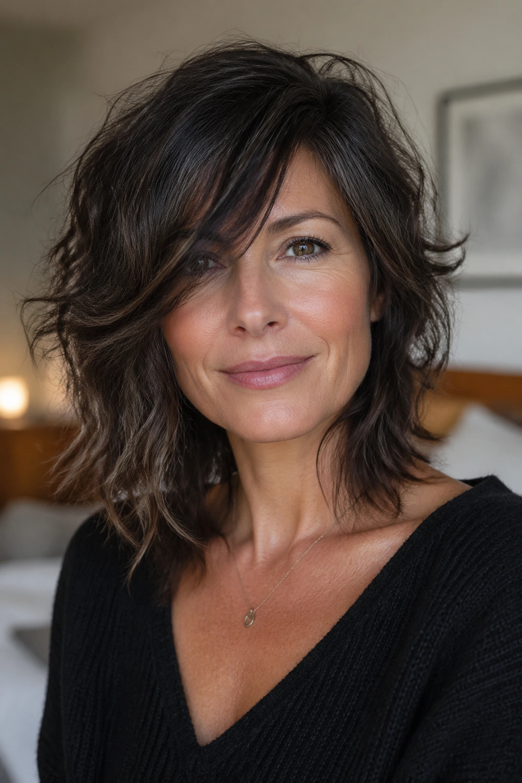 Real woman with a deep-side shag and natural texture in soft indoor light.