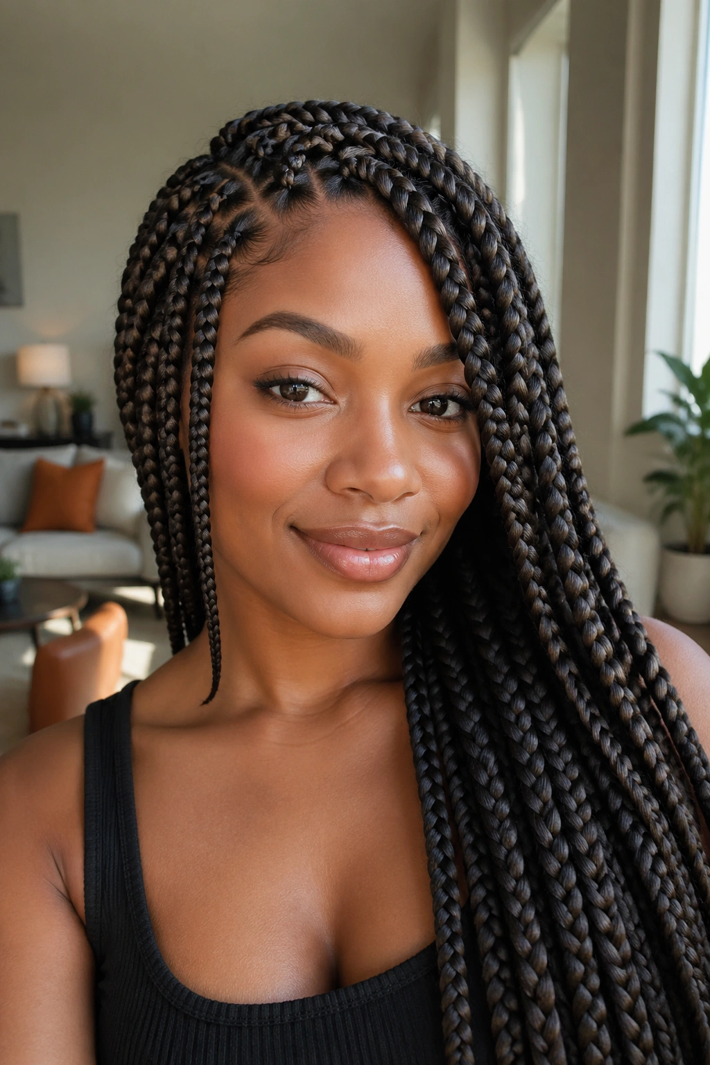 Close-up of deep side-swept jumbo braids framing the face on a real person