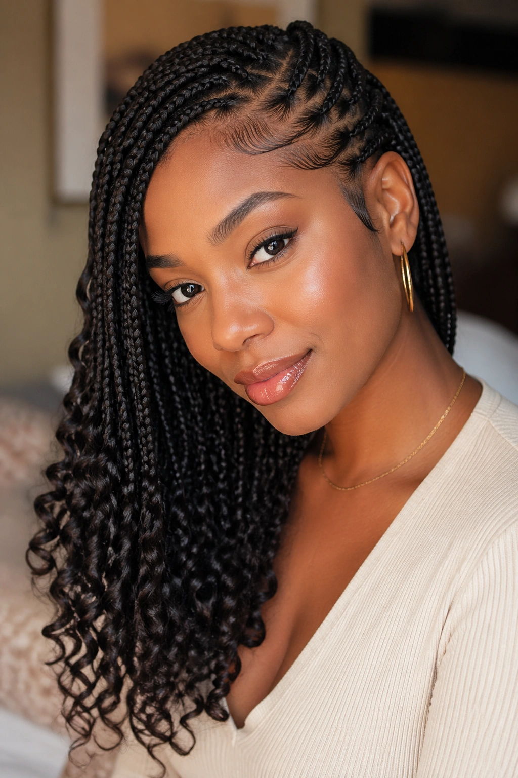 Real person with deep side-swept braids tucked behind the ear