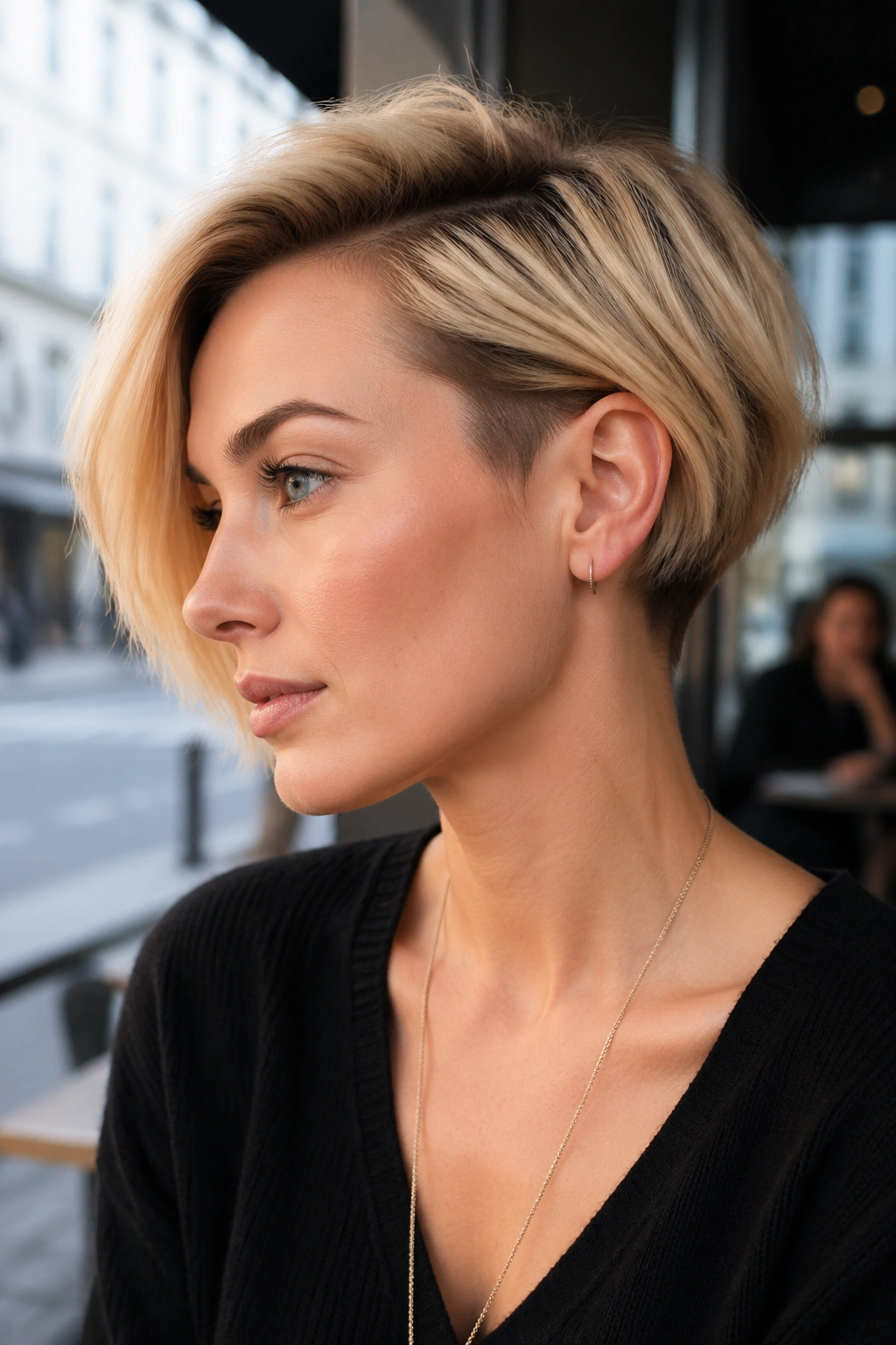 Close-up of a real woman with deep side-swept bob and hidden undercut in blonde