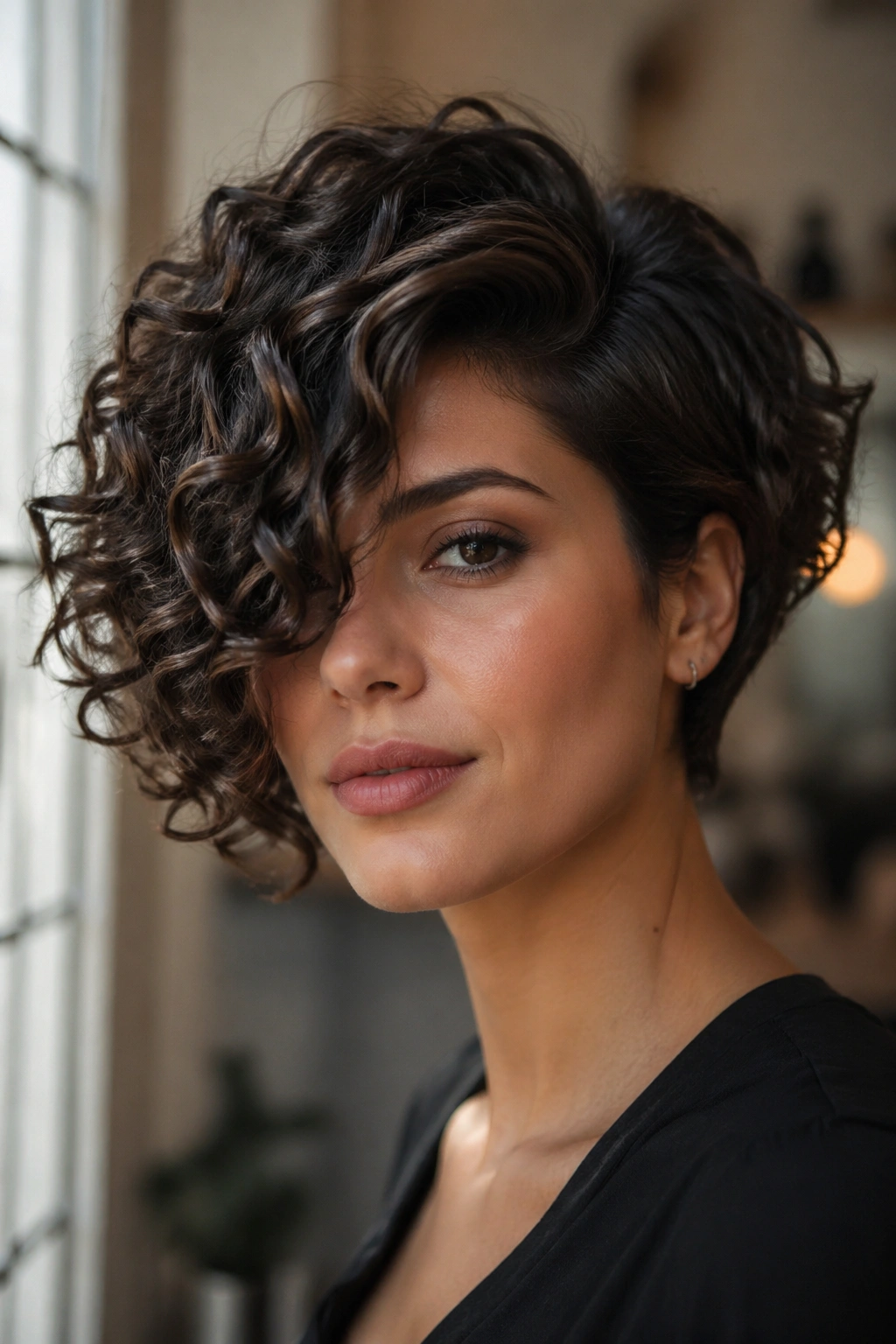 Deep side-swept curly inverted bob on real woman