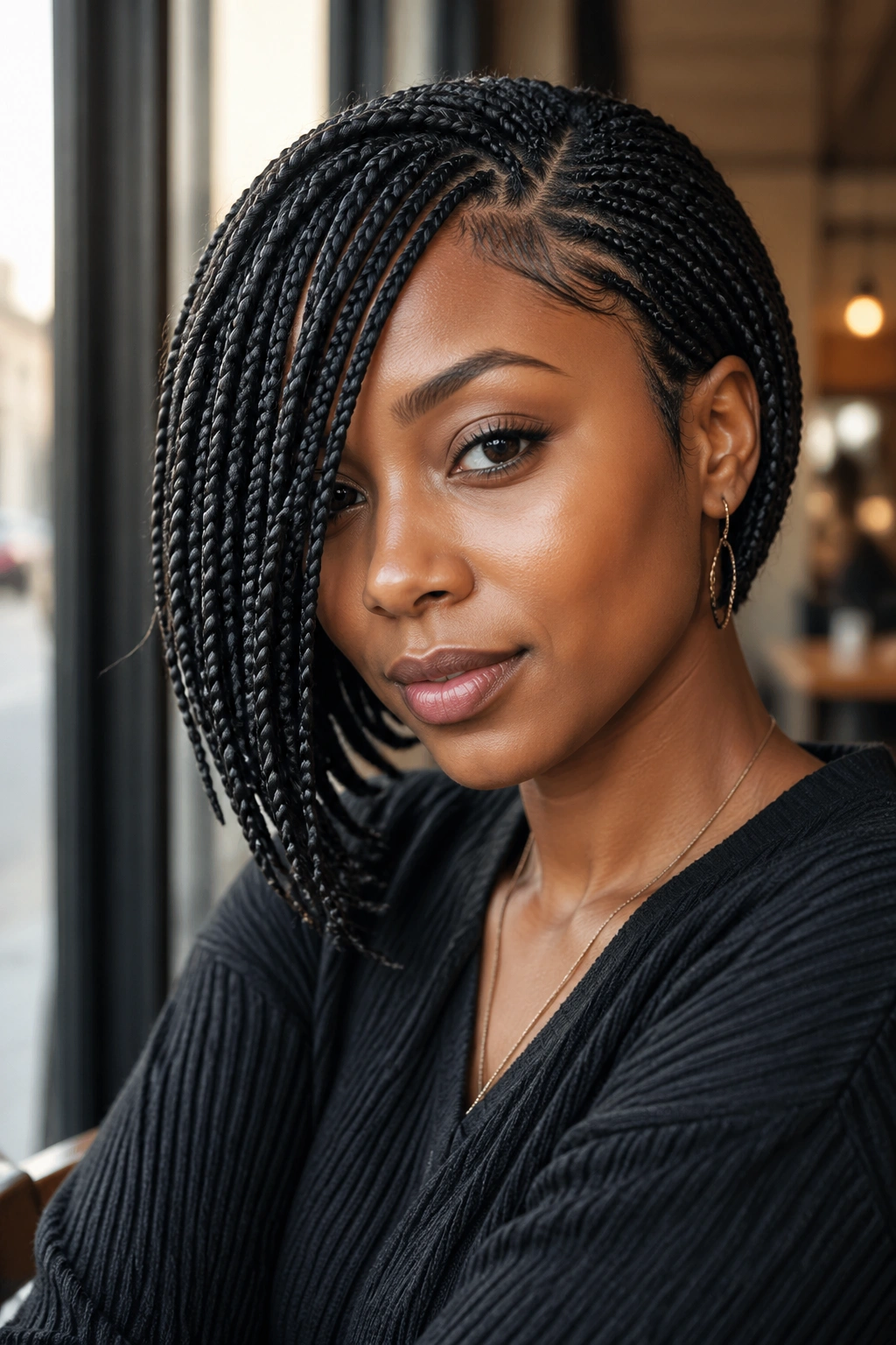 Portrait of real woman with a deep side-swoop bob