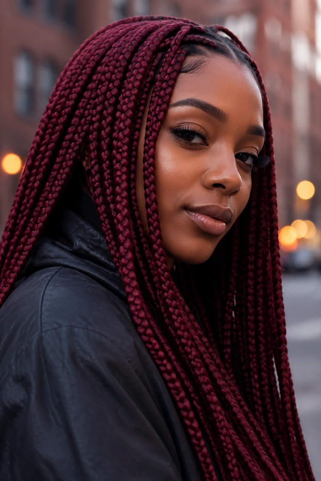 Real woman with deep wine red medium box braids in an outdoor setting