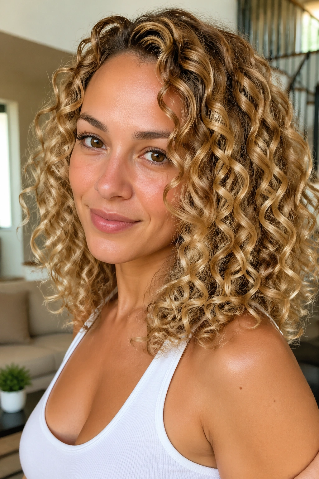 Close-up of real woman with defined honey-blonde curls and babylights in warm daylight