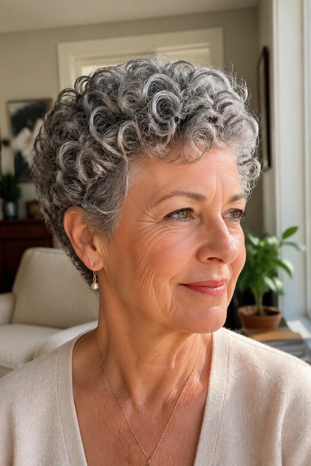 Close-up portrait of a woman with a defined curly crop and rounded curls
