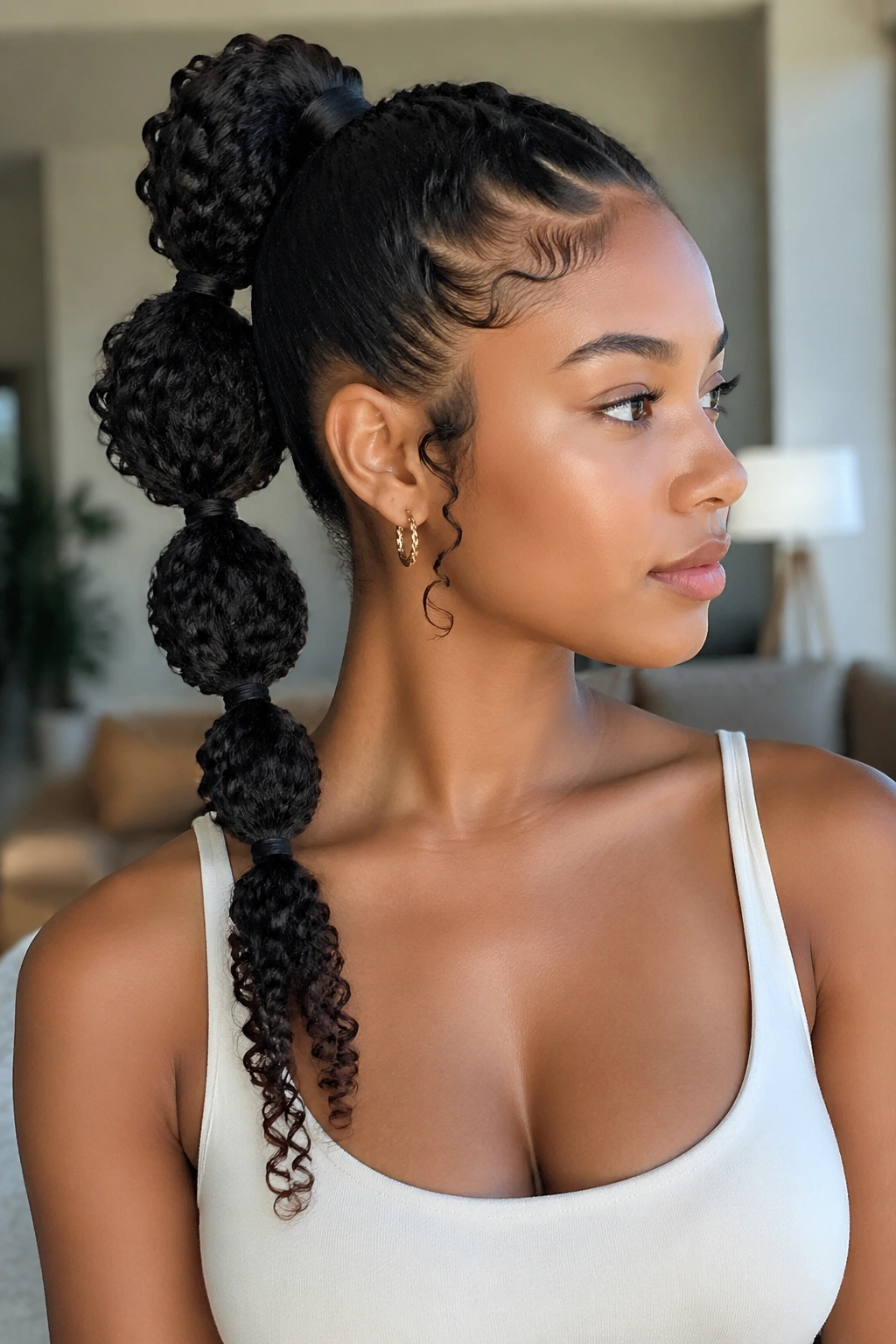 Real woman with bubble ponytail featuring clearly defined ends