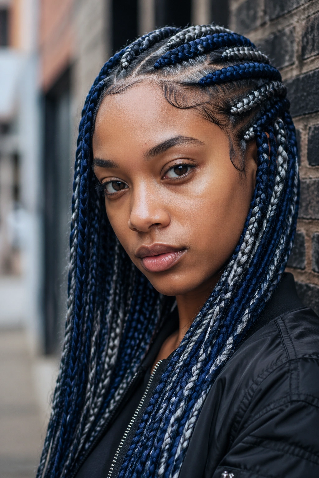 Close-up of a real woman with denim blue braids and silver streaks