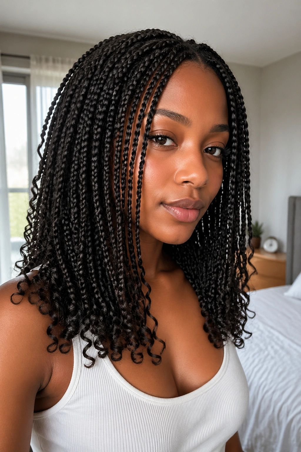 Close-up of a real person with small dense knotless braids forming a curtain around the face