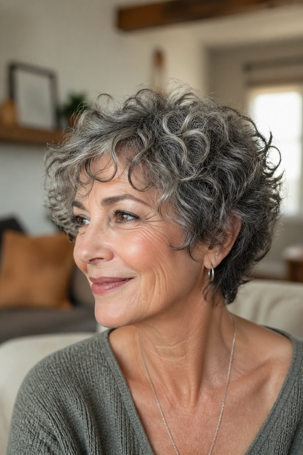 Close-up portrait of a real woman with a Deva-Cut Mini Shag showing defined curls around the face