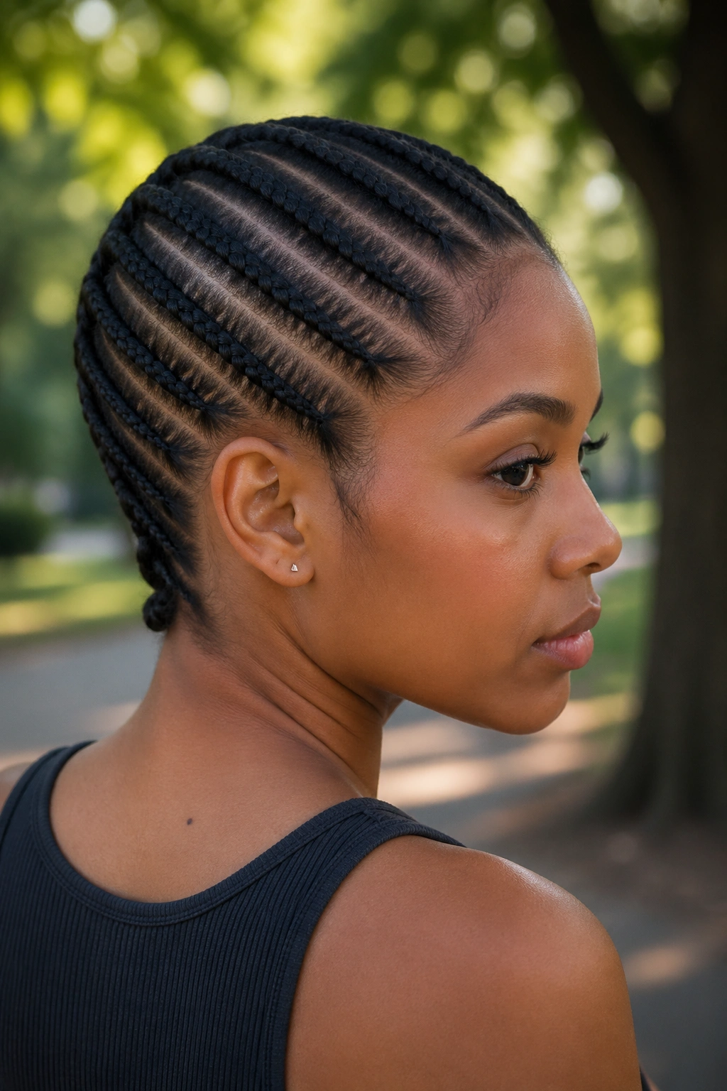 Close-up portrait of diagonal-back cornrows on a real person