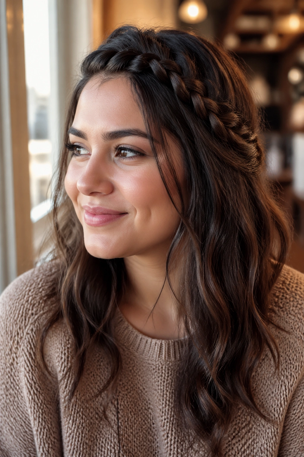 Close-up of a real woman with a diagonal face-framing braid and open sides lifting the cheeks.