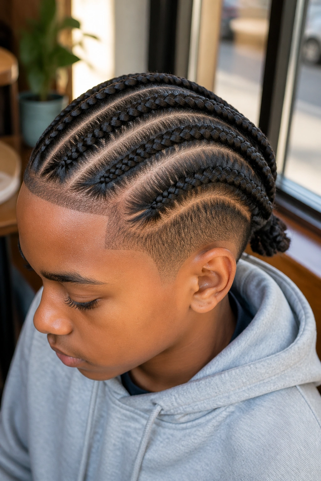 Close-up of a boy with diagonal back braids in cafe window light