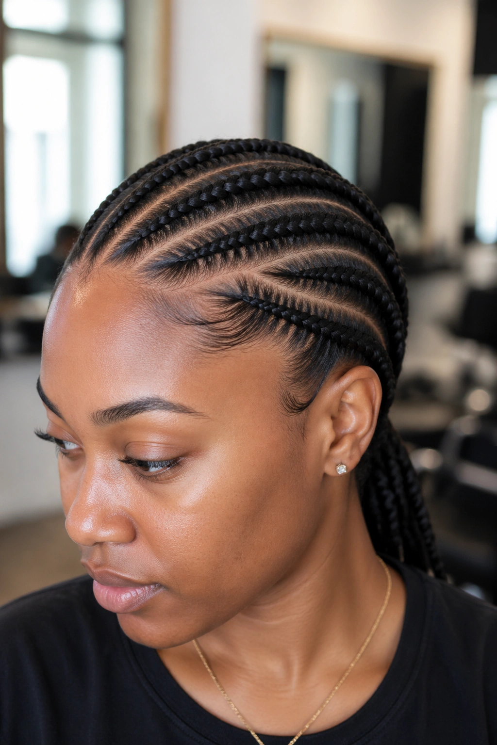 Close-up of a real person with diagonal cornrows slanting across the scalp.