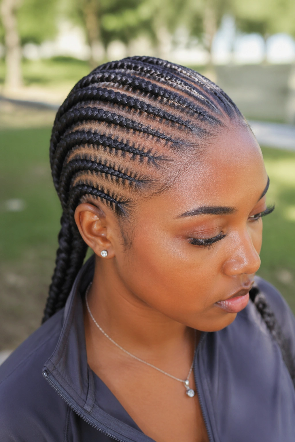 Close-up portrait of a real person with diagonal feed-in braids under a closure