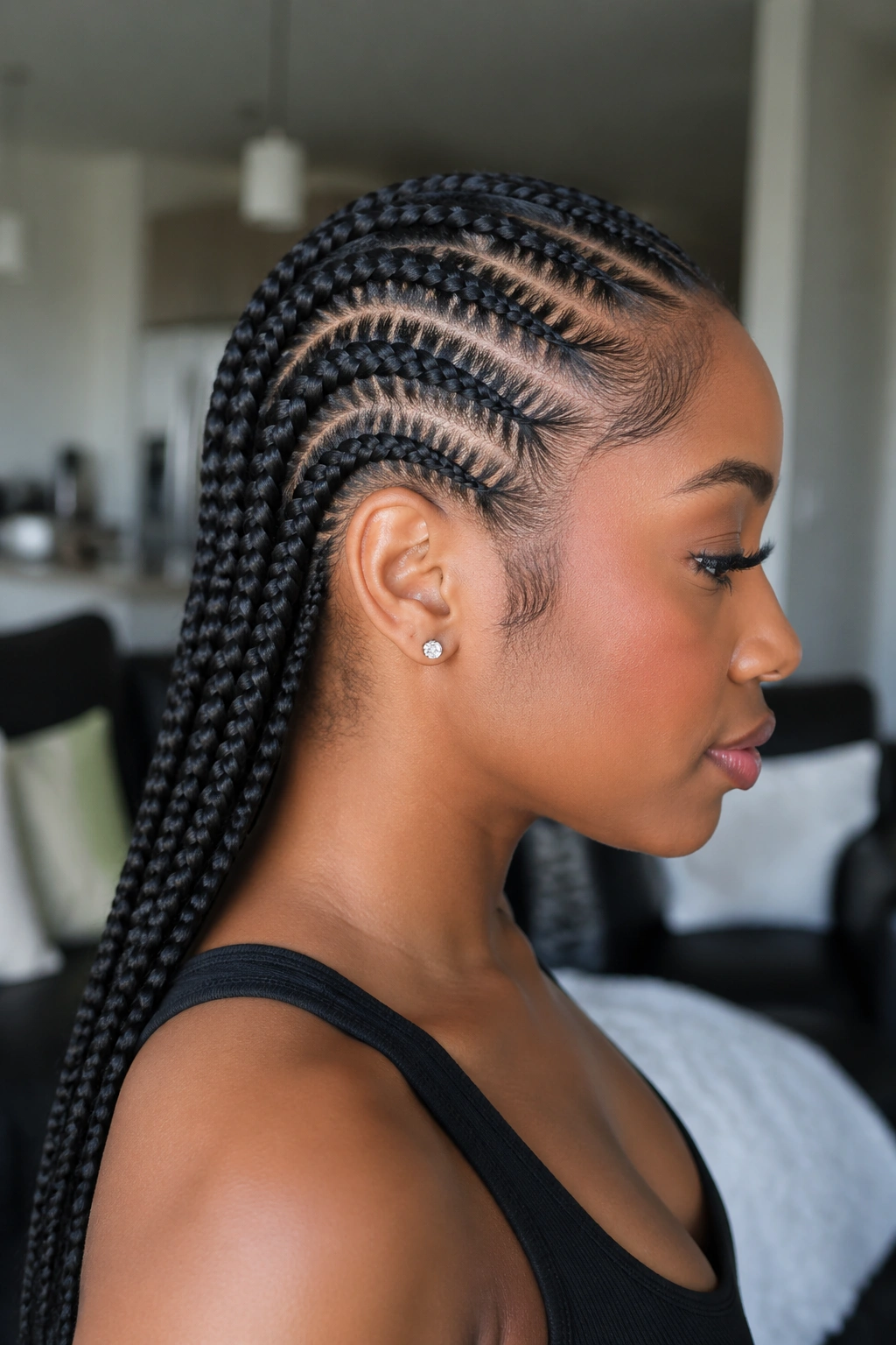 Profile view of a real woman with diagonal feed-in braids