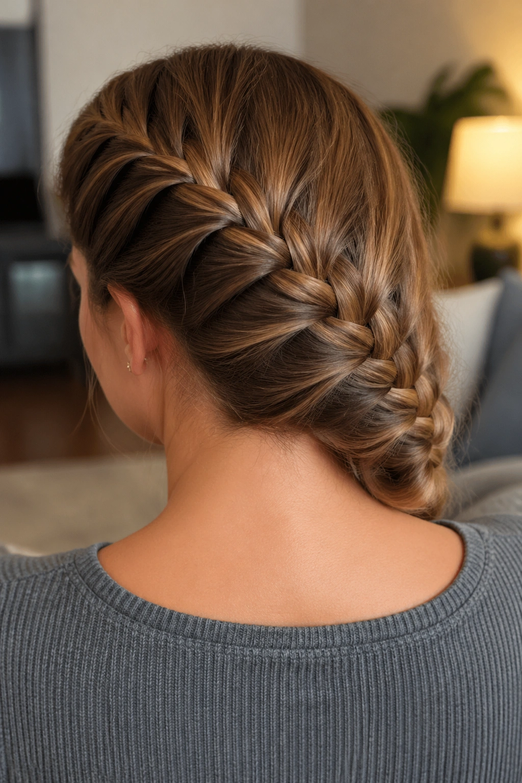 Back view close-up of a real woman with a diagonal French braid across the back.