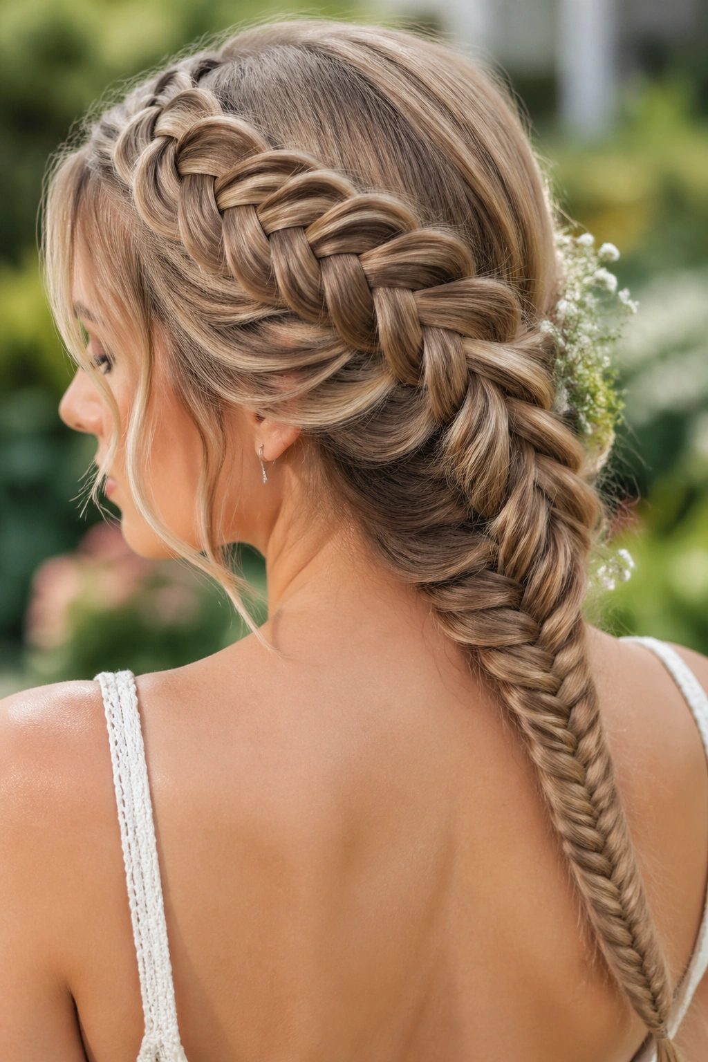 Close-up of a diagonal lace braid transitioning into a fishtail along the shoulder in a garden setting.