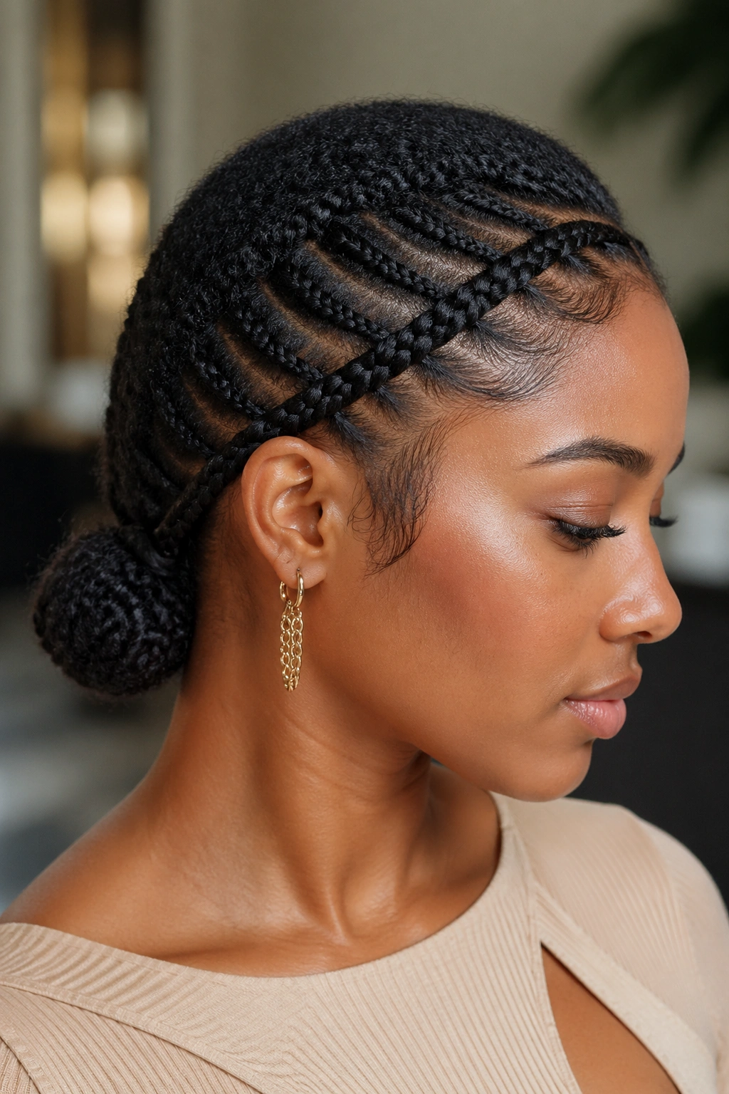 Profile portrait of a real woman with a diagonal lace braid ending in a low bun at the nape.