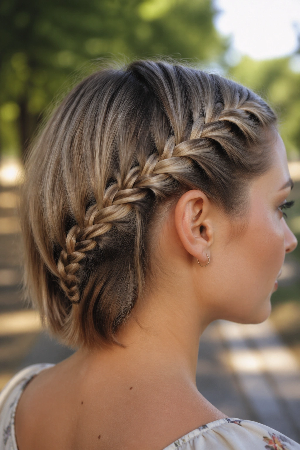 Close-up of a real person with a diagonal nape braid on a bob