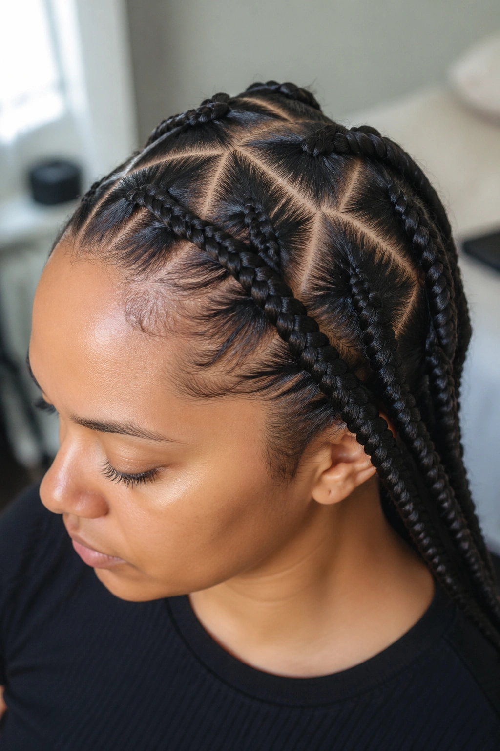 Close-up of a real woman's head with dense hair showing diamond-part braids across the crown for a flat wig line