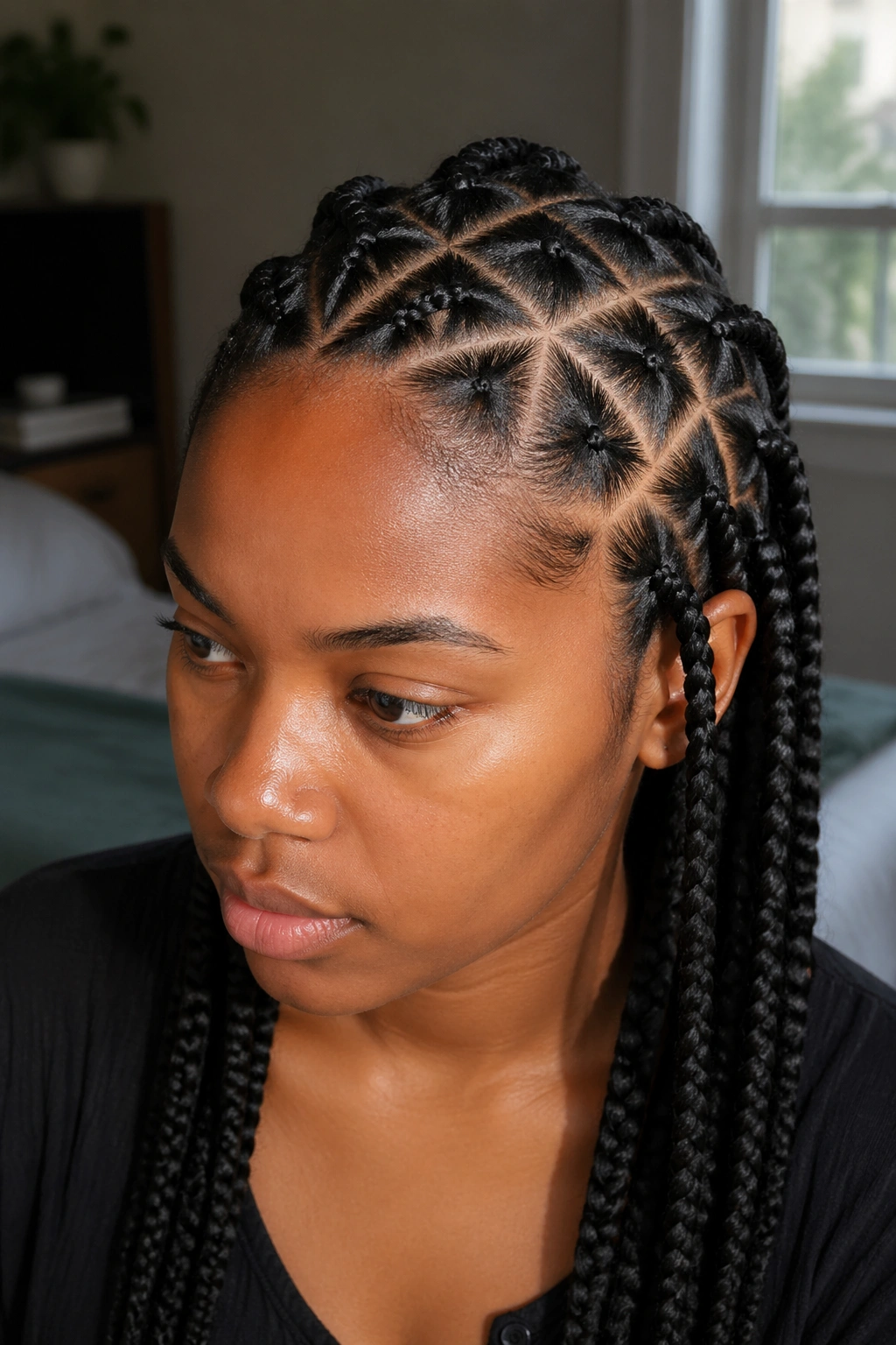 Close-up of a real woman with diamond-part braids showing soft geometric parting along the scalp.