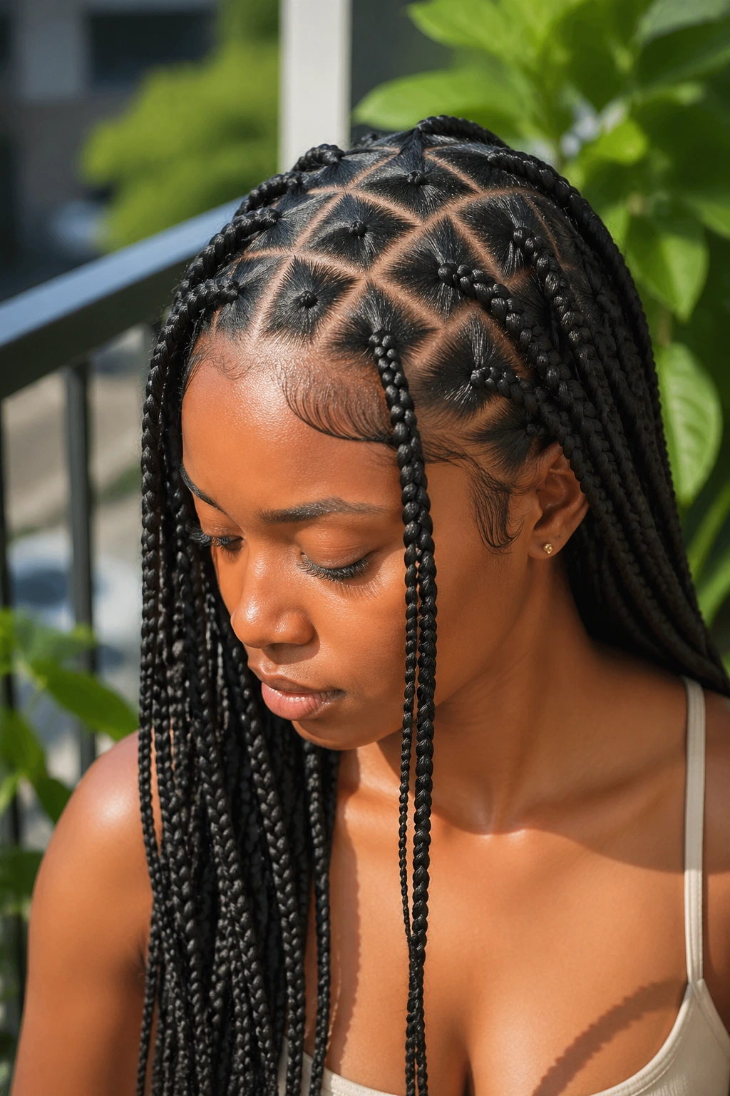 Close-up of a real woman with a diamond-parting grid on knotless braids