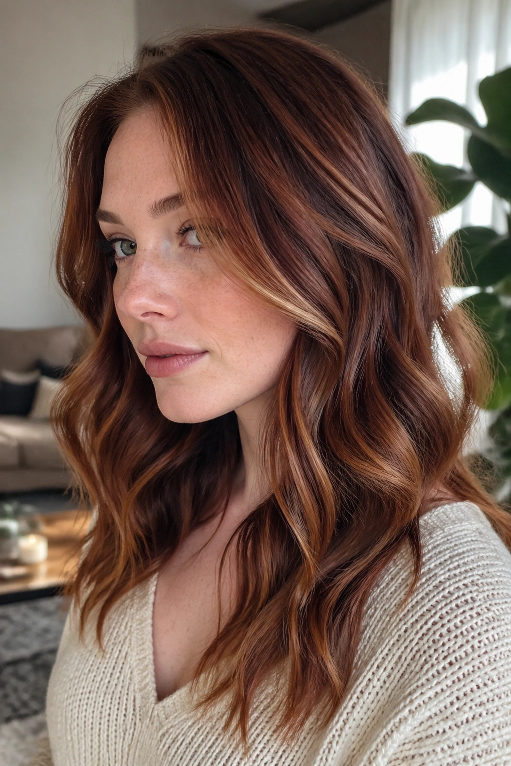 Portrait of a woman with dimensional auburn balayage in loose waves