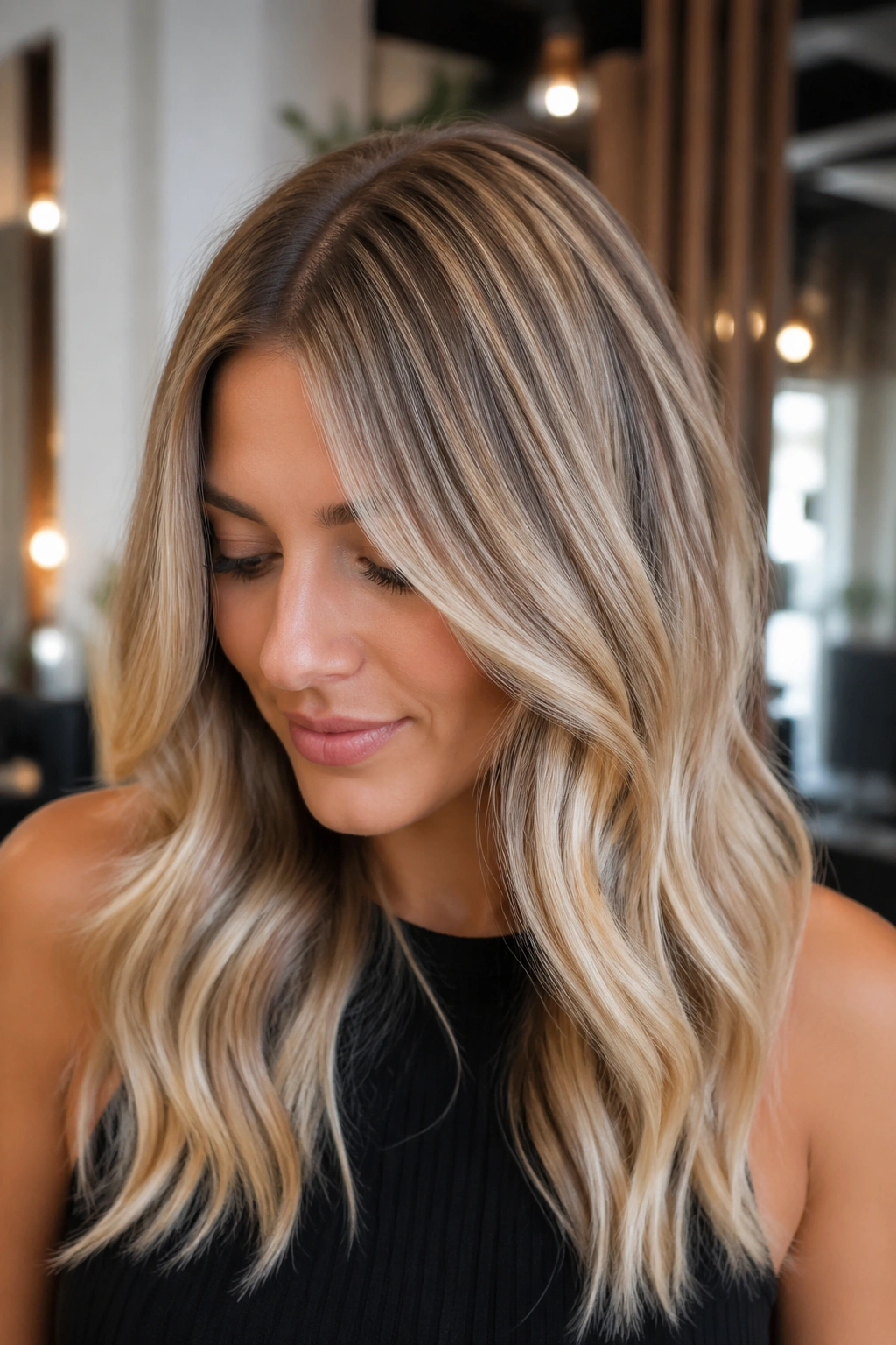 Close-up portrait of a real woman with dimensional balayage blonde and root shadow